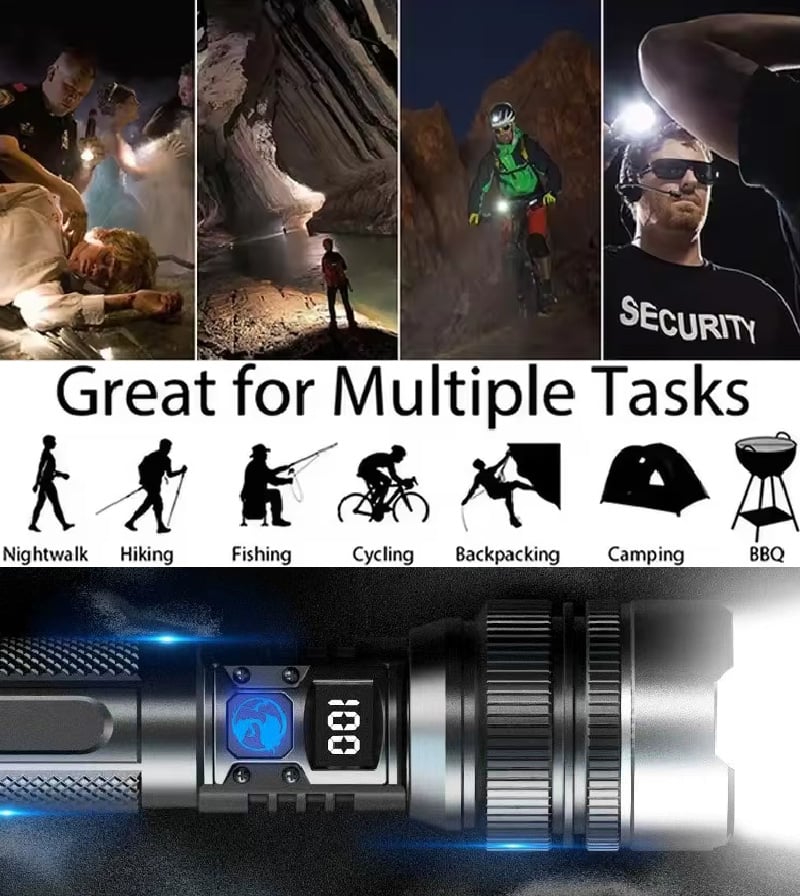 Survival LED Flashlight 2025 – As bright as a lightsaber with power bank function