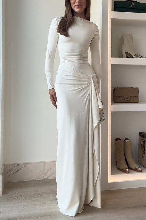 Blanc™ - Long Sleeve Draped Slit Maxi Party Dress
