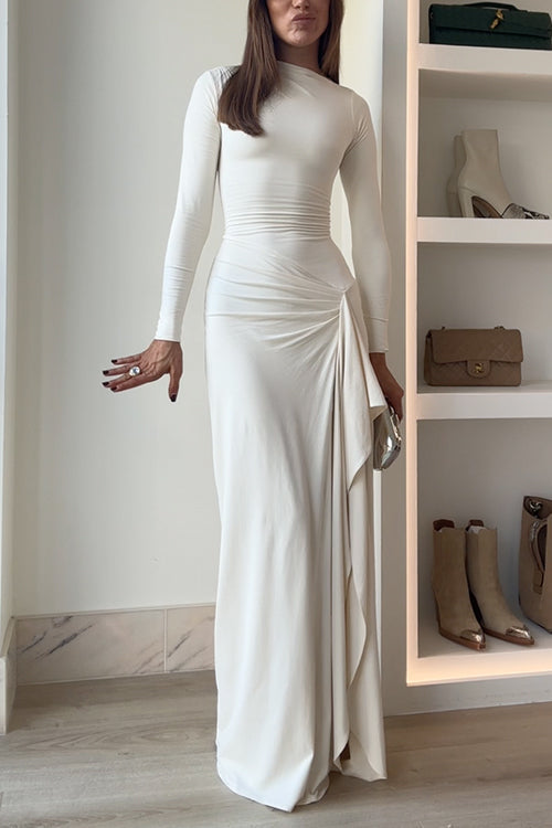 Blanc™ - Long Sleeve Draped Slit Maxi Party Dress