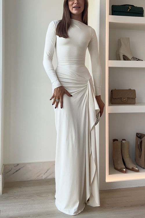 Blanc™ - Long Sleeve Draped Slit Maxi Party Dress