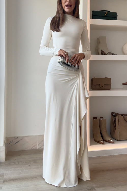 Blanc™ - Long Sleeve Draped Slit Maxi Party Dress