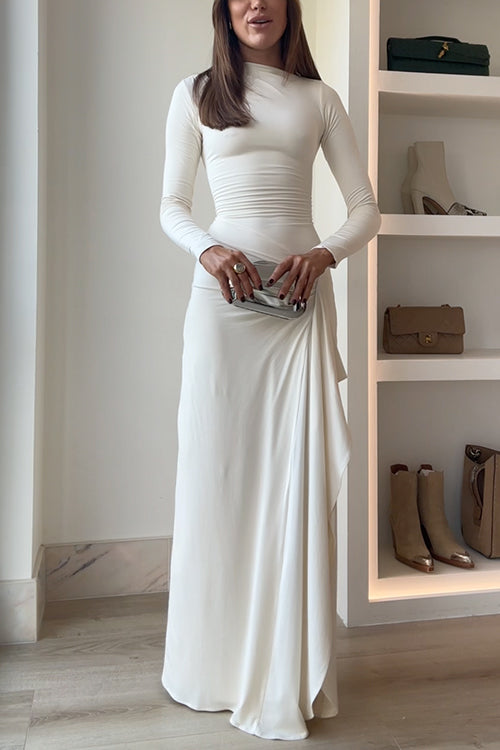 Blanc™ - Long Sleeve Draped Slit Maxi Party Dress