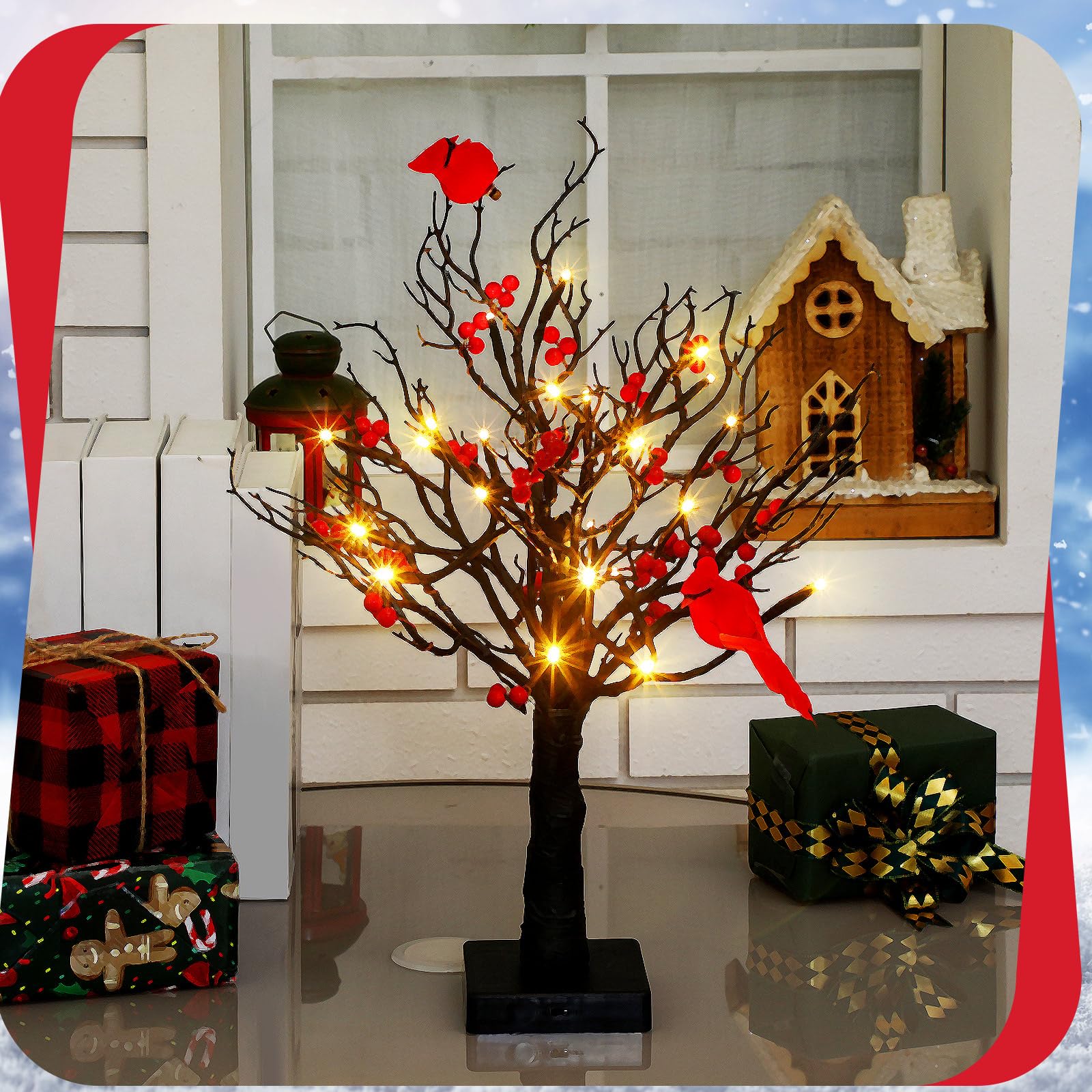 Christmas Lighted Mini LED Tree With Red Berries