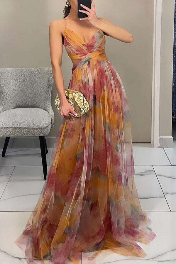 Giselle™ – Floral Maxi Dress with Cut-Out Waist and Tulle Skirt