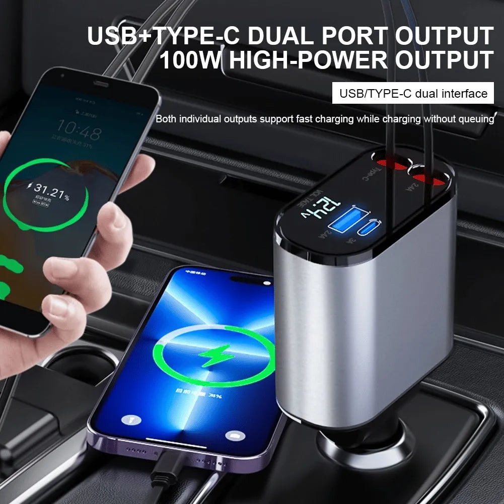 Fast Charging Retractable Car Charger (100W 4-in-1)
