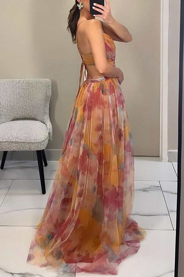 Giselle™ – Floral Maxi Dress with Cut-Out Waist and Tulle Skirt