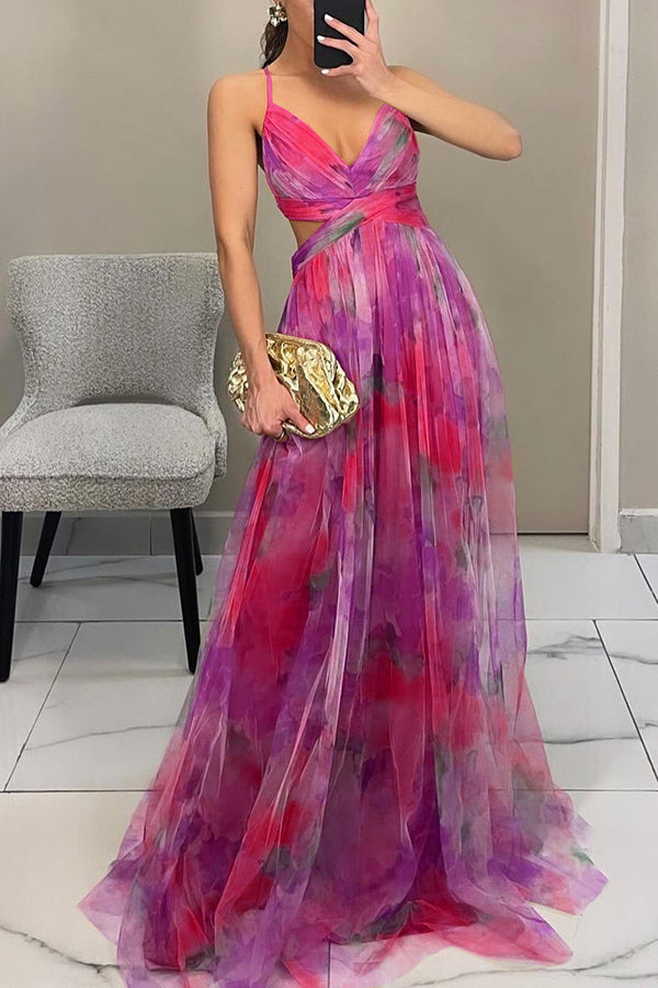 Giselle™ – Floral Maxi Dress with Cut-Out Waist and Tulle Skirt