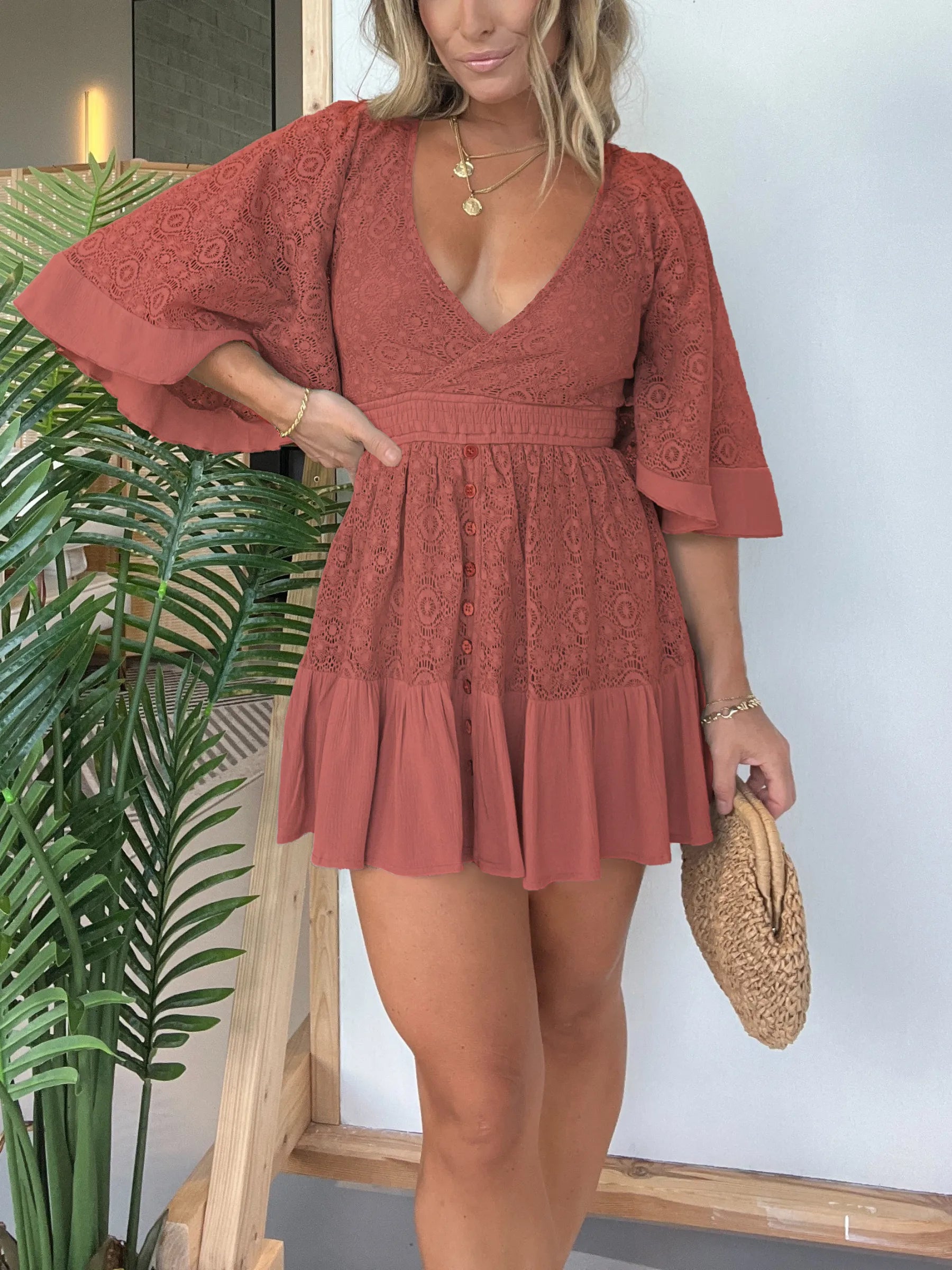 Pink Laura™ | Lace Crochet Romper Dress