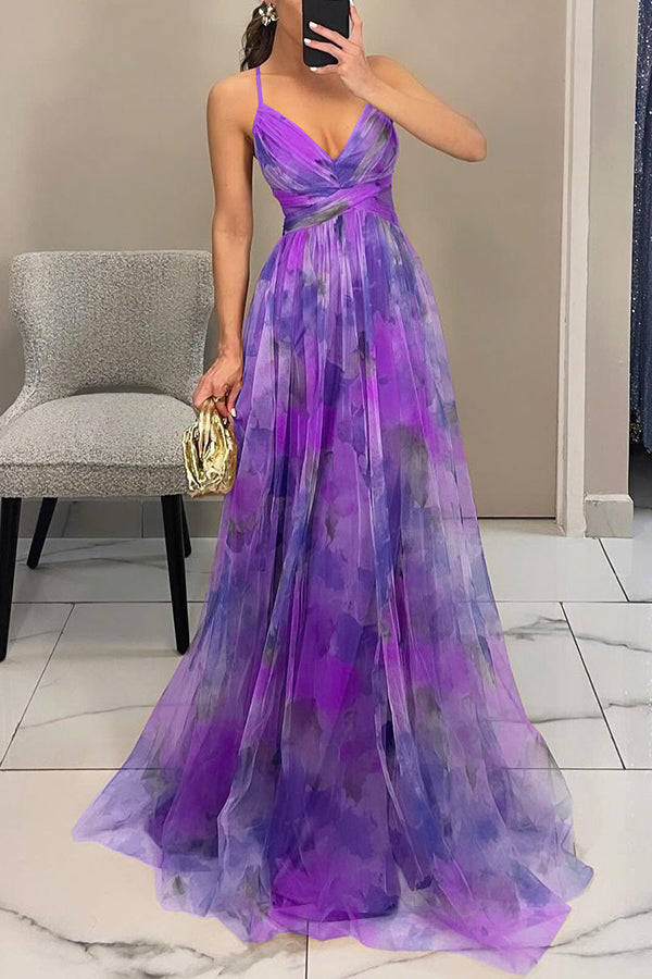 Giselle™ – Floral Maxi Dress with Cut-Out Waist and Tulle Skirt