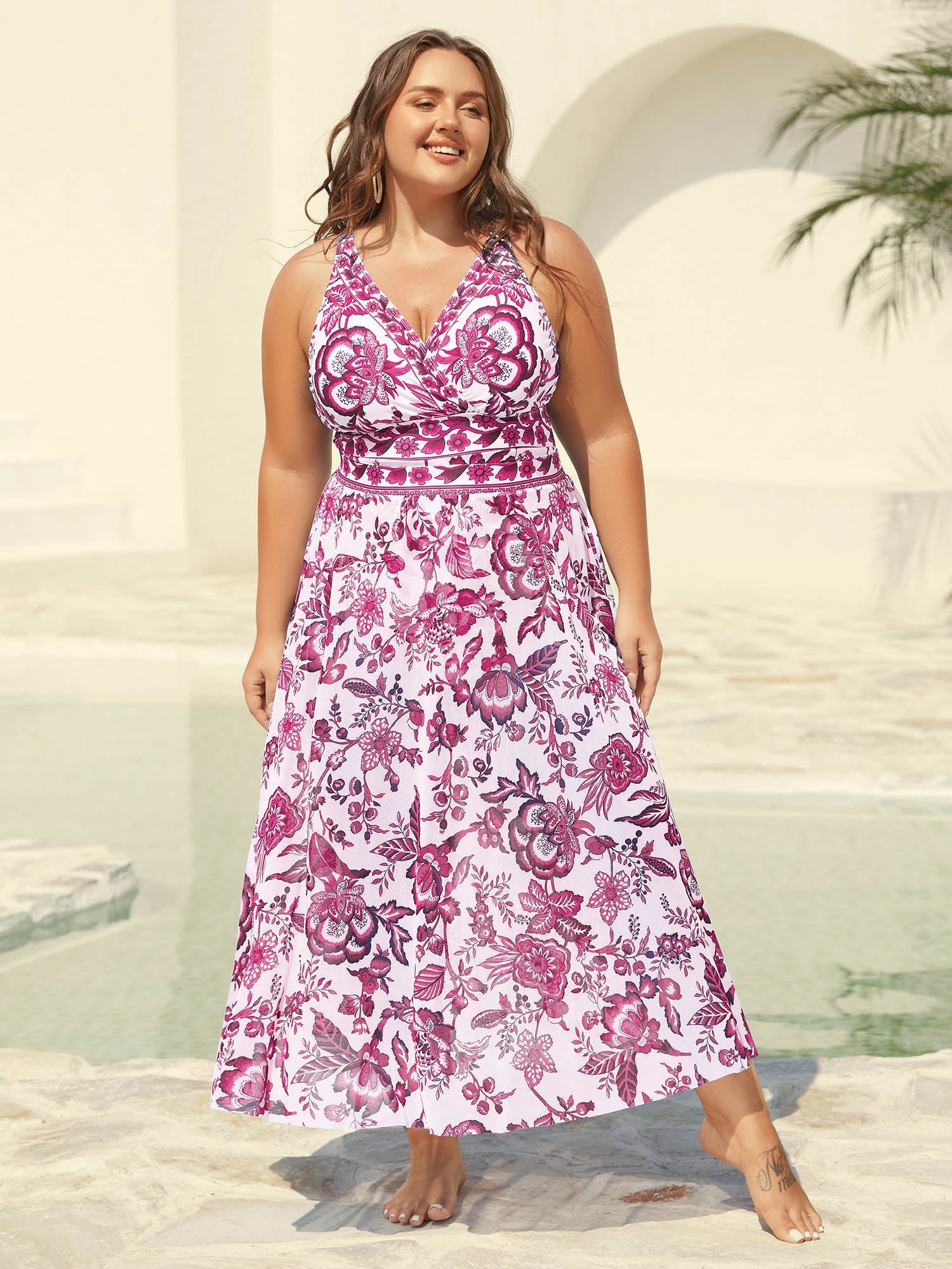 Flora™ | Two-Piece Swimsuit with Floral Pattern and Ruffled Mesh, Sarong