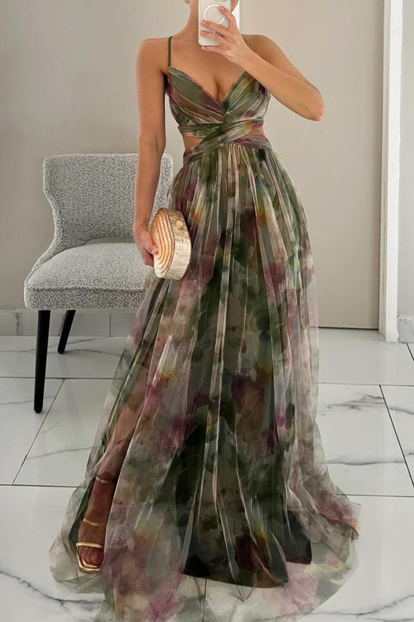 Giselle™ – Floral Maxi Dress with Cut-Out Waist and Tulle Skirt