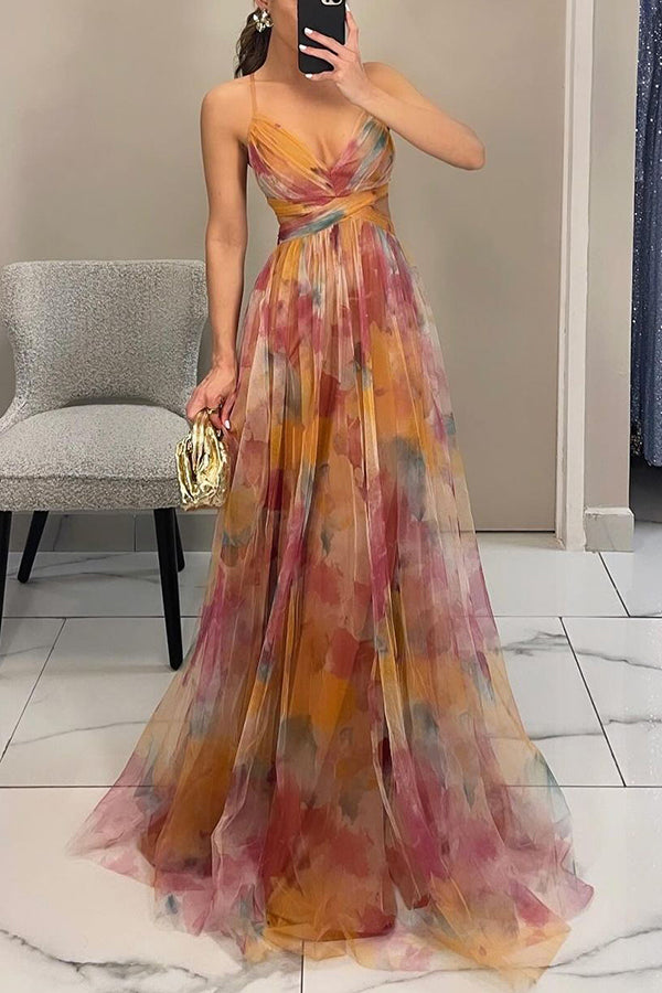 Giselle™ – Floral Maxi Dress with Cut-Out Waist and Tulle Skirt