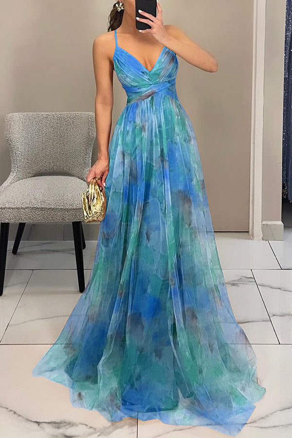 Giselle™ – Floral Maxi Dress with Cut-Out Waist and Tulle Skirt