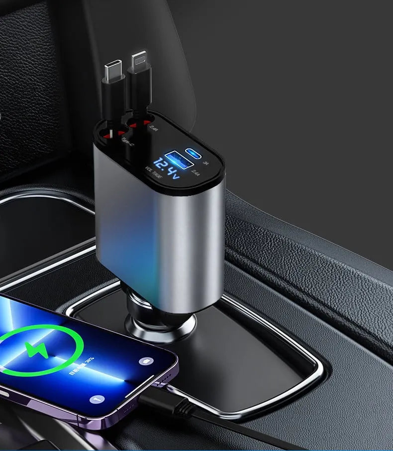Fast Charging Retractable Car Charger (100W 4-in-1)