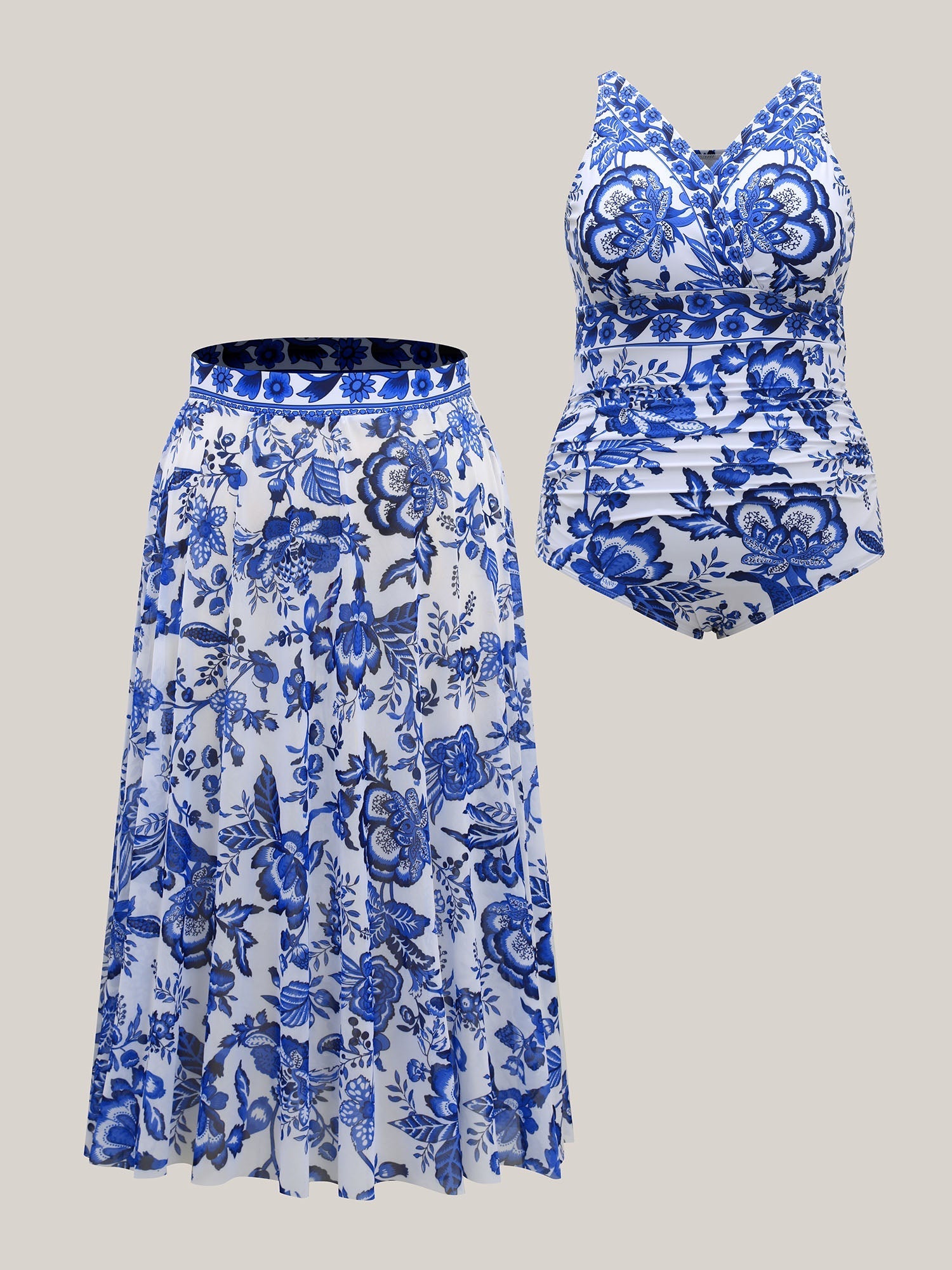 Flora™ | Two-Piece Swimsuit with Floral Pattern and Ruffled Mesh, Sarong