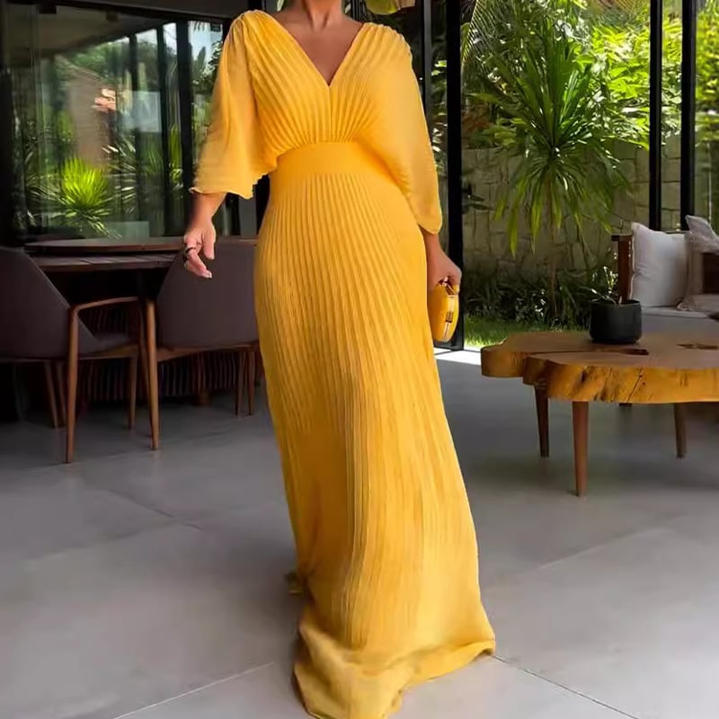 FaldaBelle™ | Waist-Focused Dress with Pleated Batwing Sleeves