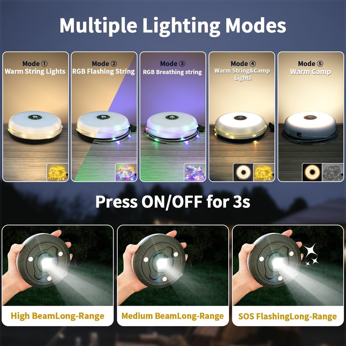 Lumenova® – Your Smart Outdoor Companion | 4-in-1 Camping Light with RGB Light Chain & Power Bank