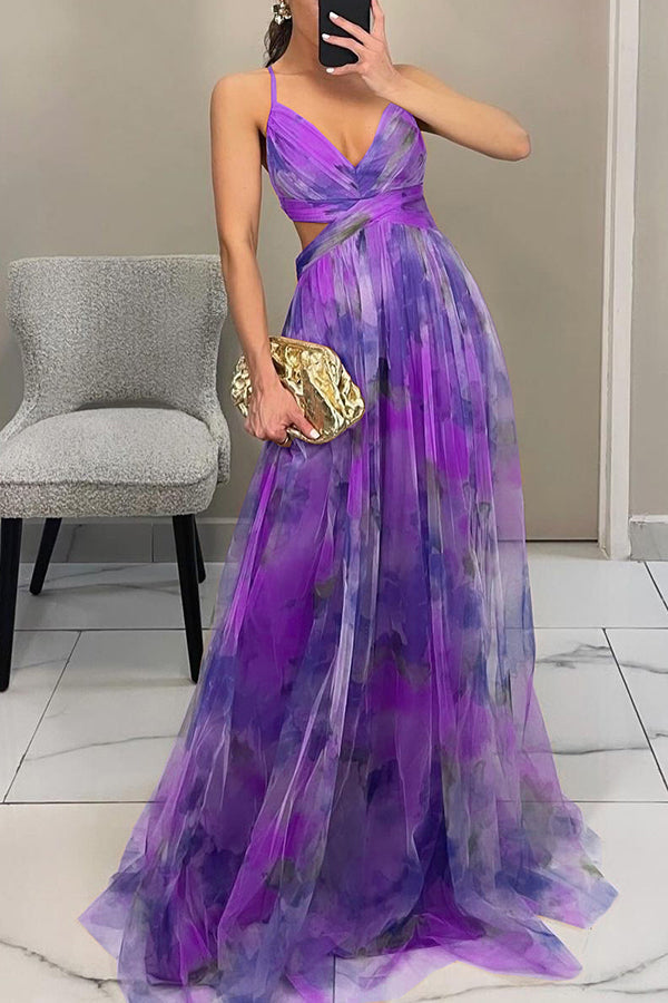 Giselle™ – Floral Maxi Dress with Cut-Out Waist and Tulle Skirt