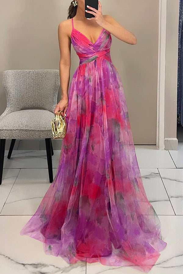 Giselle™ – Floral Maxi Dress with Cut-Out Waist and Tulle Skirt