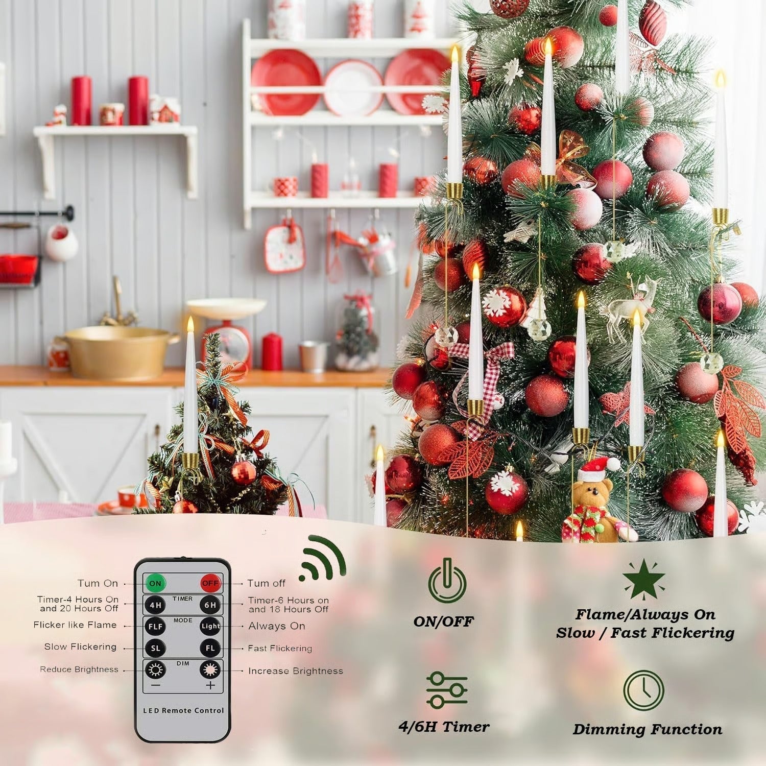 LED Tree Candles with Crystal Ball – Warm, Realistic Holiday Glow